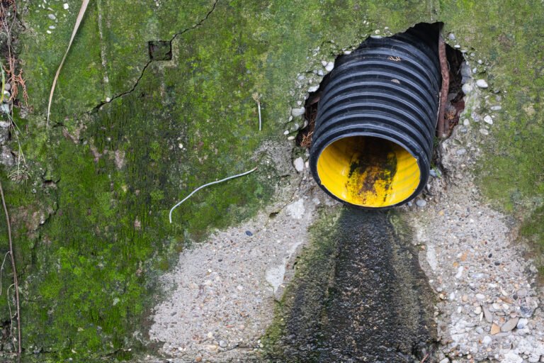 close up black pipe with sewage dirty water flows into city drain