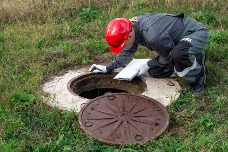 man working plumber overalls bent water well fixes measurements made readings water meter